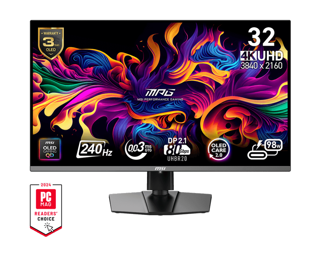 MSI MPG 322URX QD-OLED 32" MONITOR 量子点电竞显示器(4K UHD 240Hz 0.03ms 10 bits ClearMR 13000 True Black 400 ) 