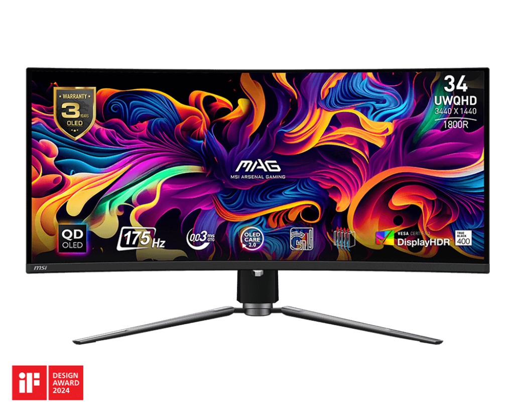 MSI 微星 MAG 341CQP QD-OLED MONITOR 曲面量子點電競顯示器 (34 吋 UWQHD 175Hz 0.03ms 10 bits QD-OLED Curved 1800R DisplayHDR TrueBlack 400 ClearMR 9000 Type-C) - 3440 x 1440