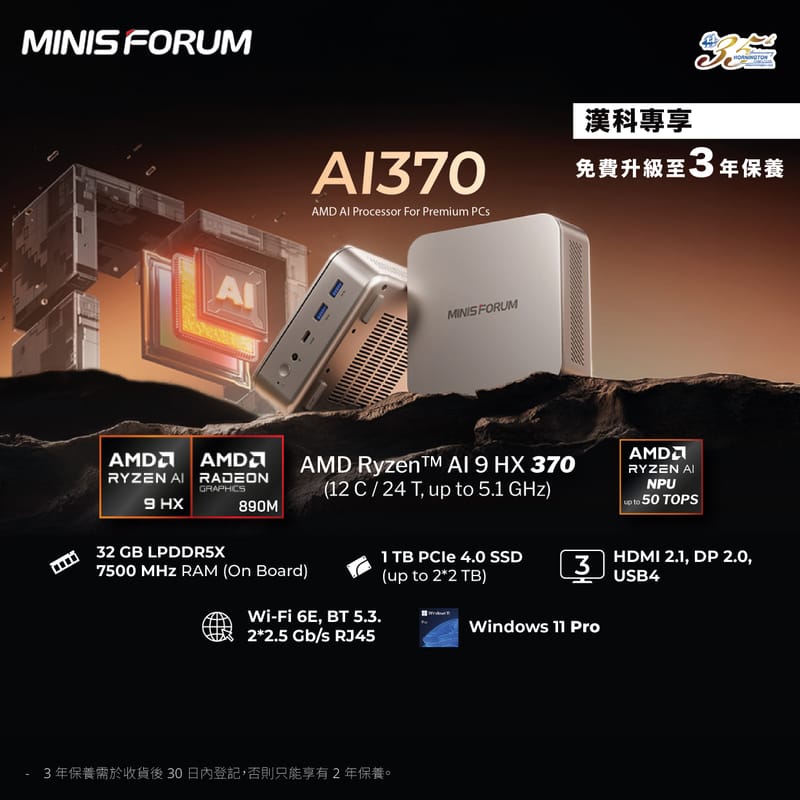 MINISFORUM AI370 MiniPC 迷你電腦 AMD AI R9 HX370 Radeon 890M 32GB RAM 1TB SSD Win11Home