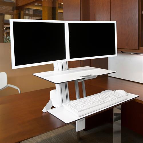 Ergotron WorkFit-S, Dual Sit-Stand, Worksurface &amp; Large Kybd Tray 一体式双重桌面双显示器站立升降工作站